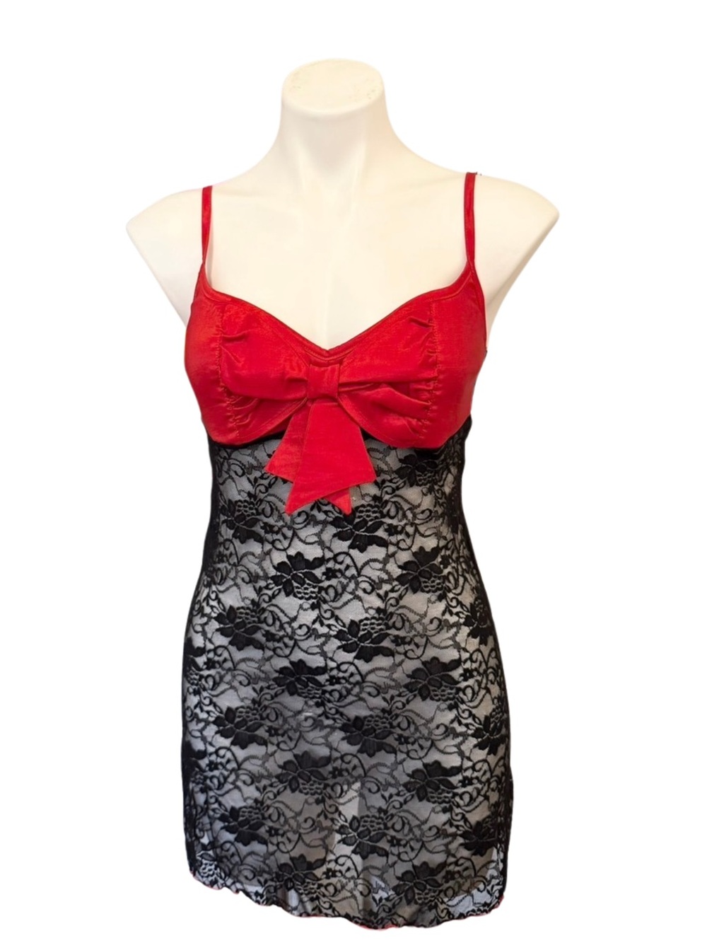Red & Black Lace Chemise with Bow Accent